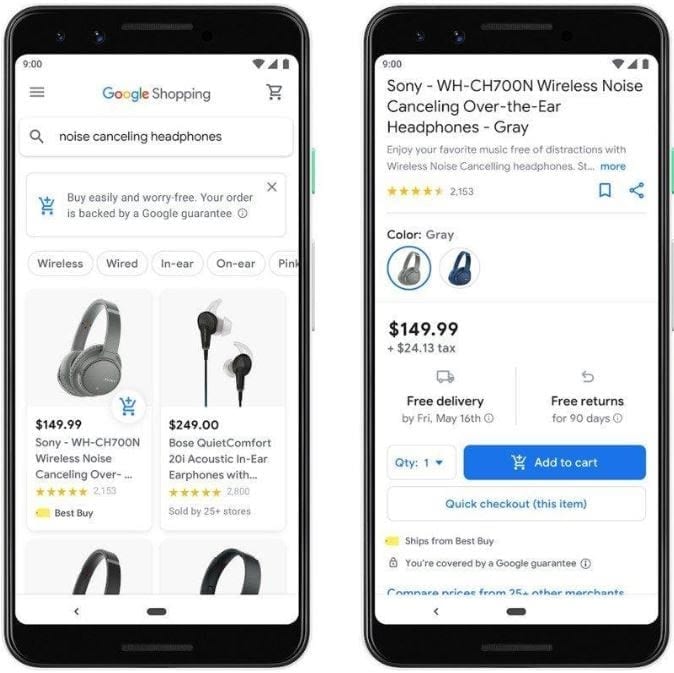 Shopping interface on Google